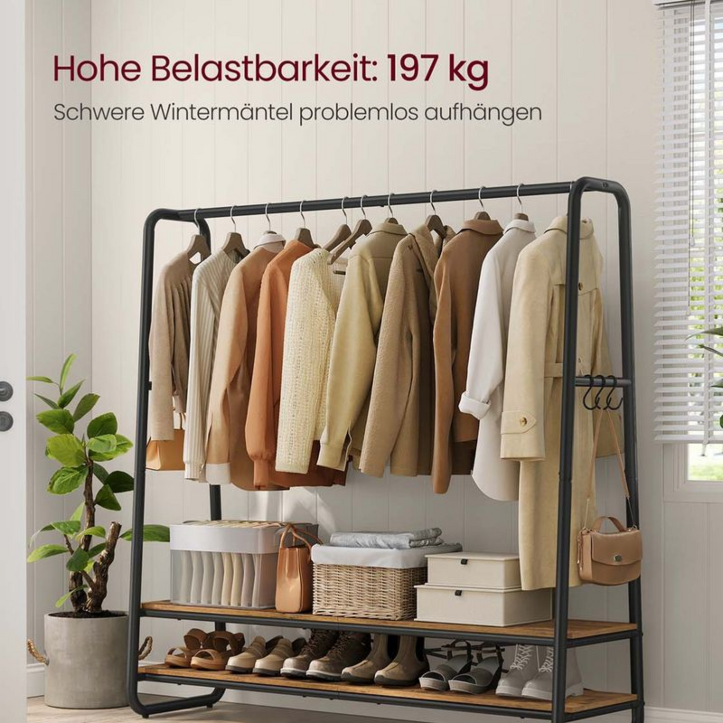 Premium Stahl Kleiderständer 200kg – Jonas - Stehend mit 2 Holzablagen