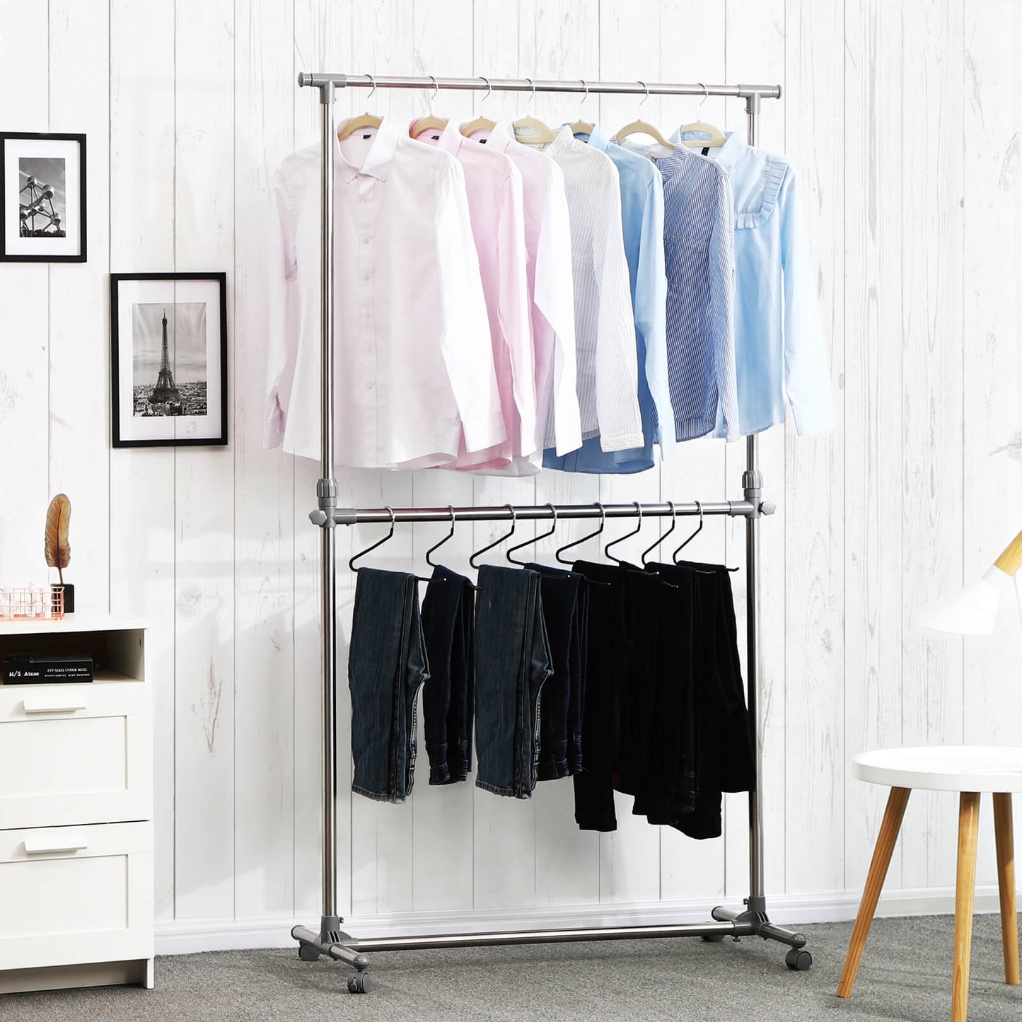 Height adjustable clothes rack 25kg – extendable with wheels