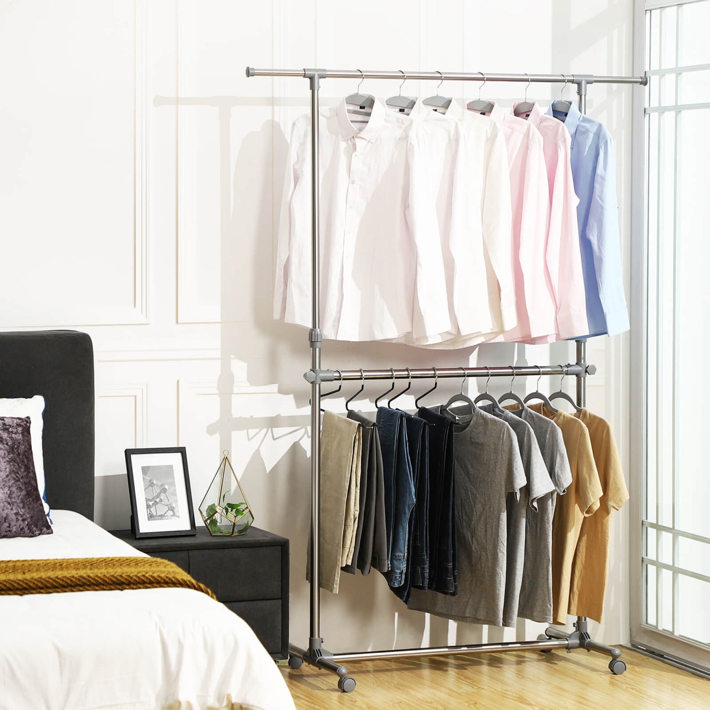 Height adjustable clothes rack 25kg – extendable with wheels