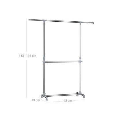 Height adjustable clothes rack 25kg – extendable with wheels