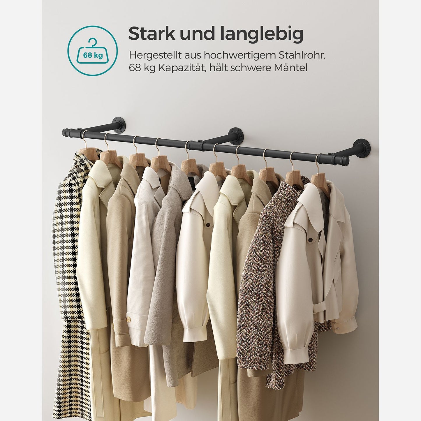 Kleiderstange für die Wand 70kg – Sam - Industriestil, Wasserrohr-Optik