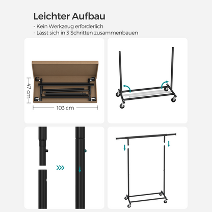 Industriestil Kleiderständer 90kg – Oscar - Ausziehbar mit Rollen