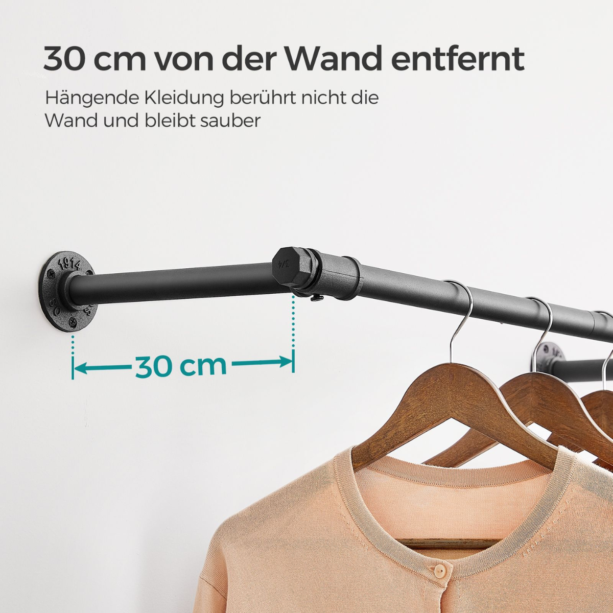 Kleiderstange für die Wand 60kg – Erich - Industriestil, Wasserrohr-Optik