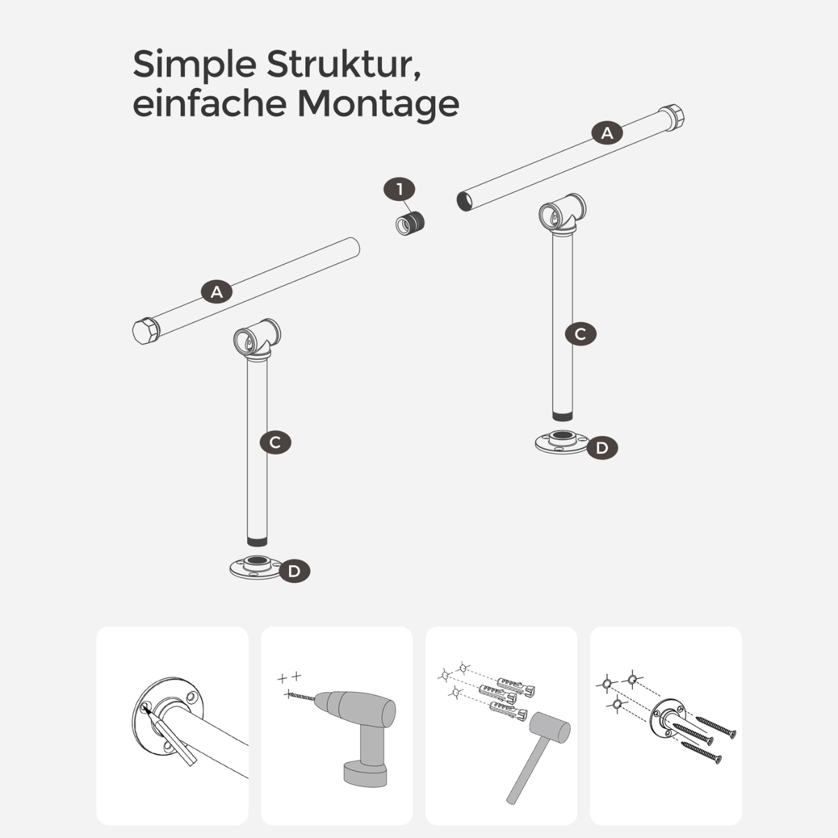 Kledingroede voor aan de muur 60kg – Erich - industriële stijl, waterpijplook