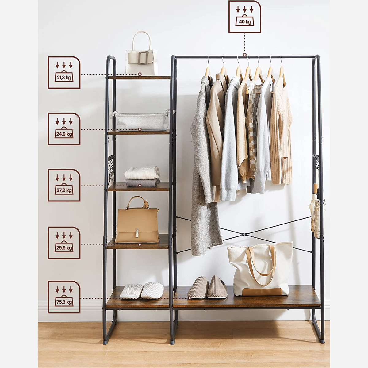 Premium steel clothes rack 220kg – standing with 6 wooden shelves