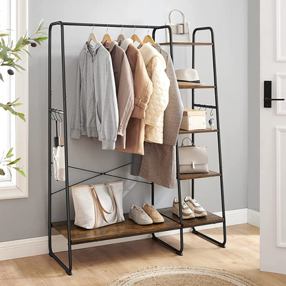 Premium steel clothes rack 220kg – standing with 6 wooden shelves