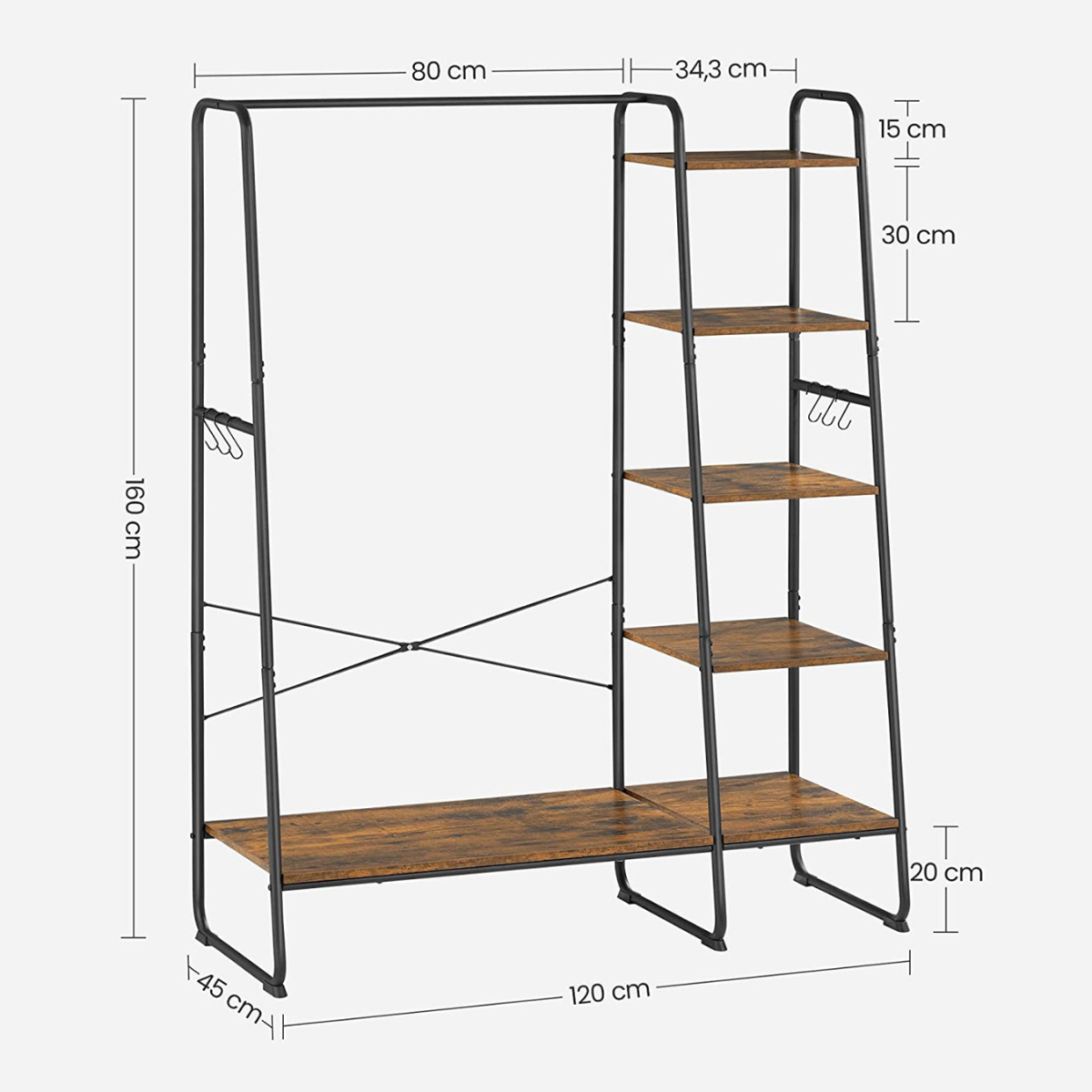 Premium Stahl Kleiderständer 220kg – Daniel - Stehend mit 6 Holzablagen