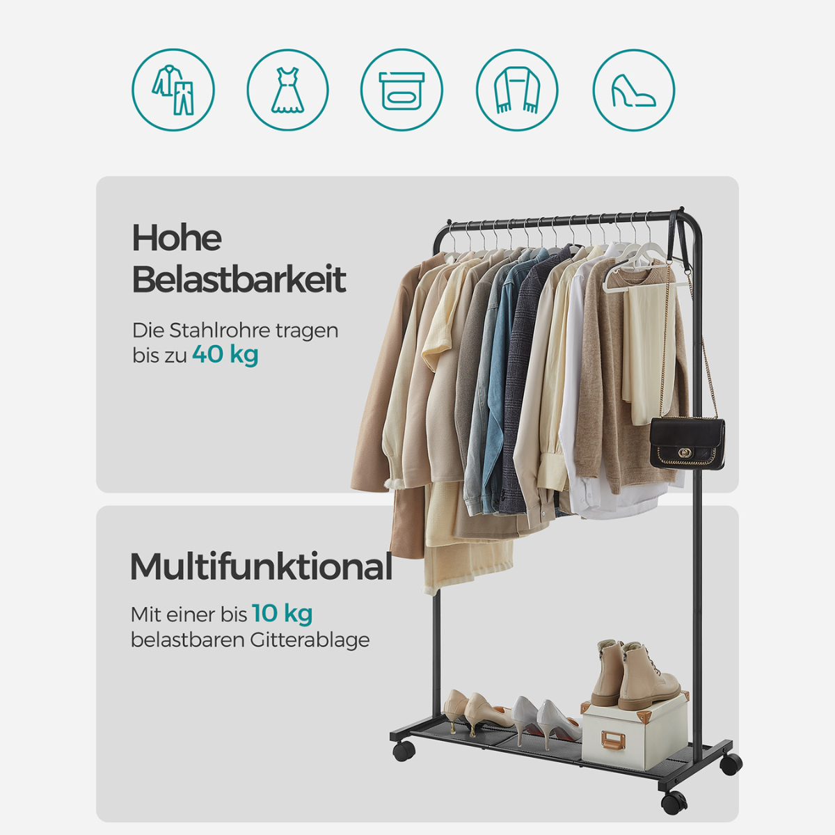 Premium steel clothes rack 40kg – with shelf and wheels