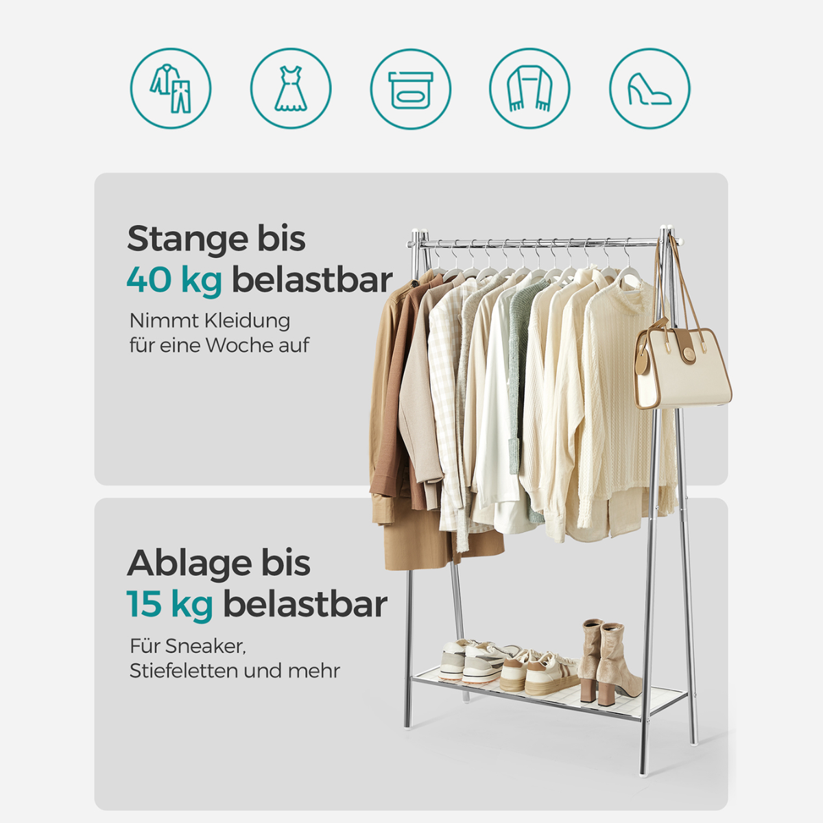 Premium steel clothes rack 40kg – standing with shelf