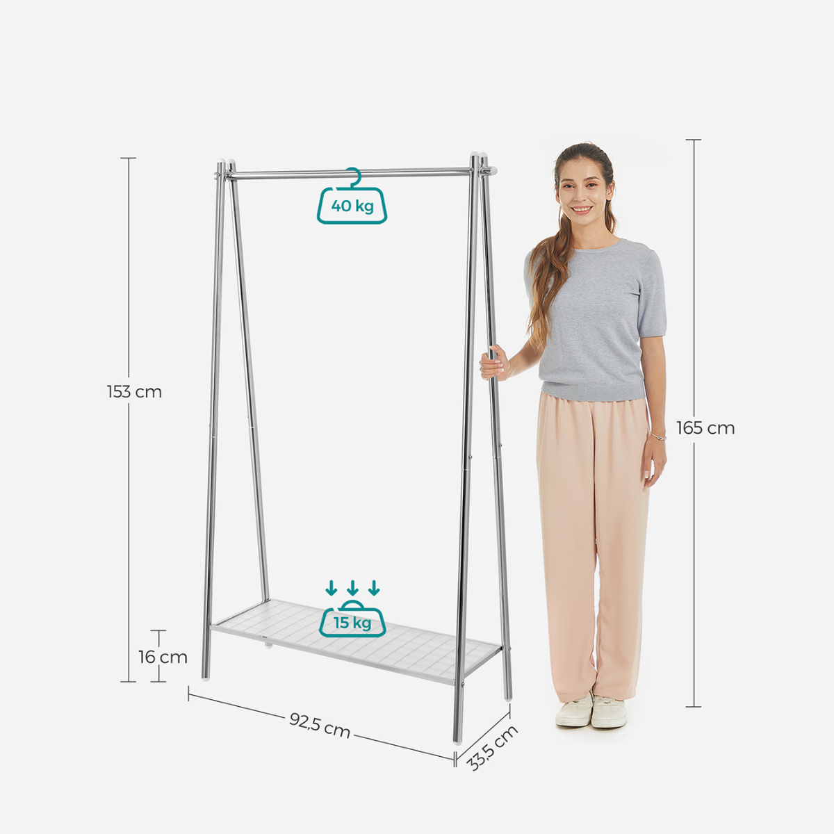 Premium steel clothes rack 40kg – standing with shelf