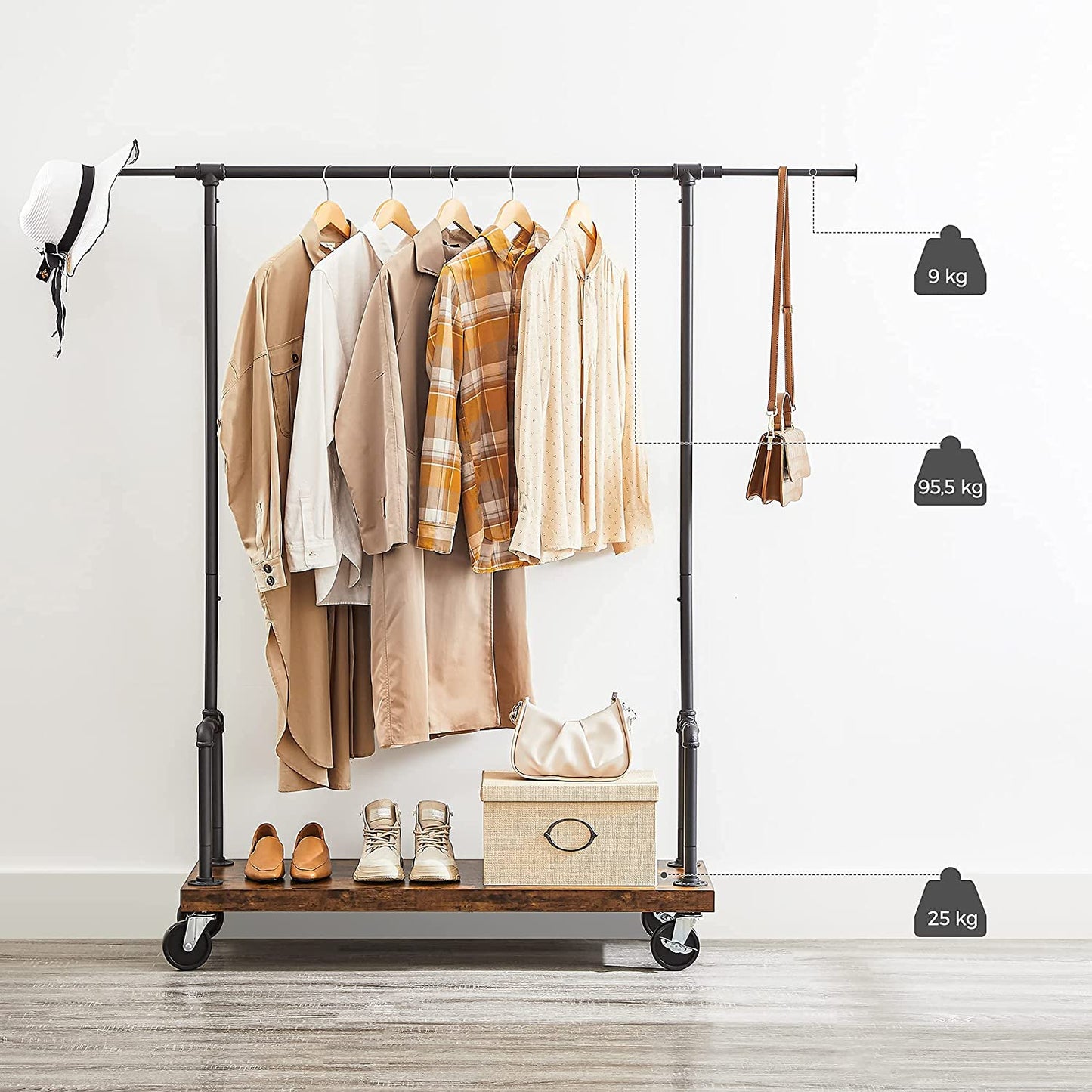 Premium steel clothes rack 110kg – extendable with wheels &amp; wooden shelf