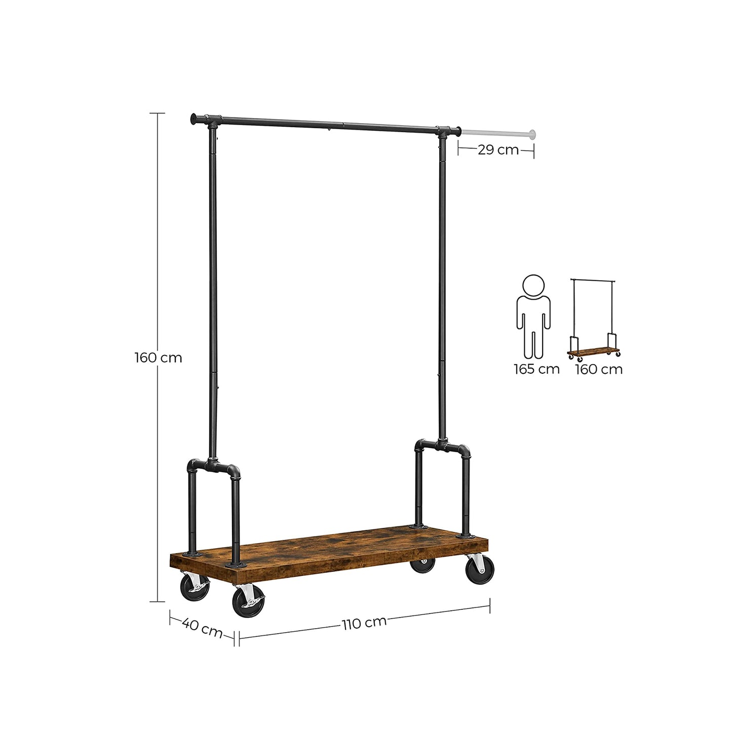 Premium stalen kledingrek 110kg – Adam - uitschuifbaar met wielen &amp; houten plank