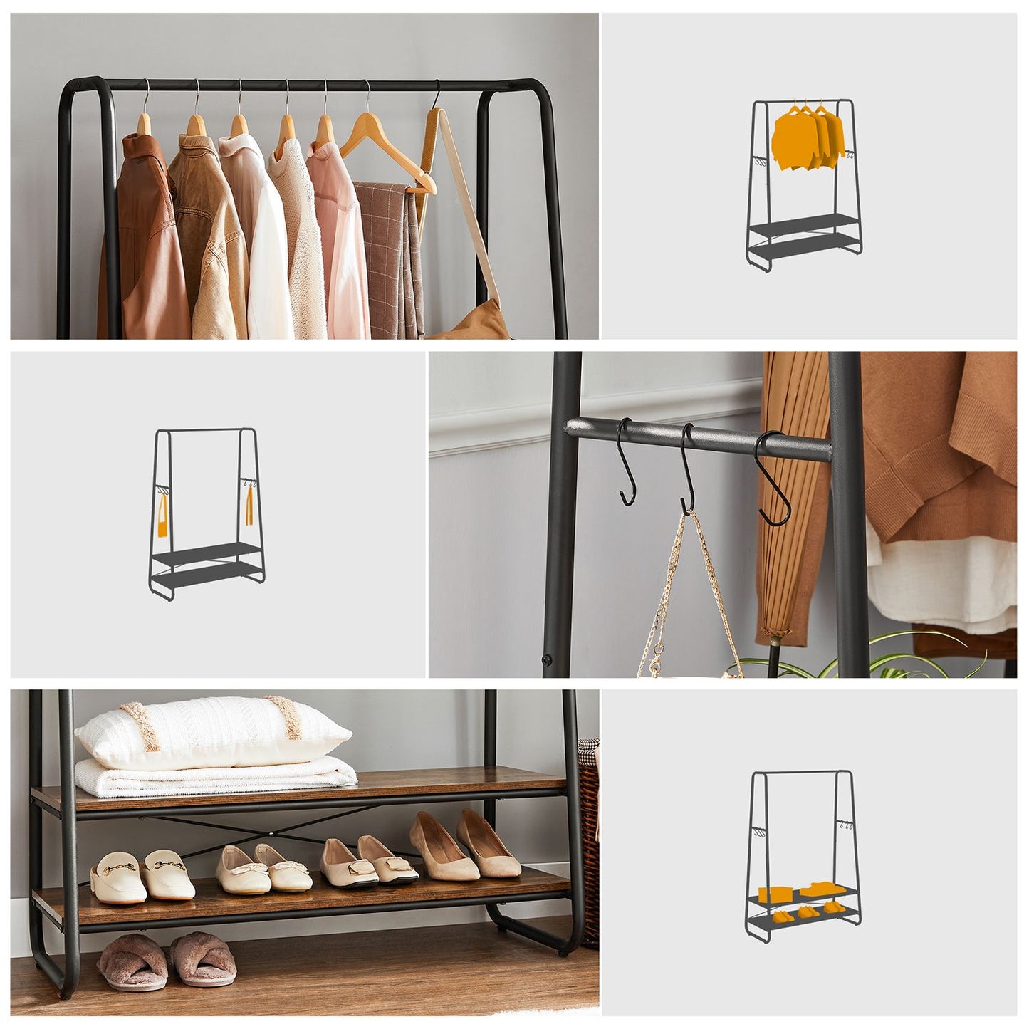 Premium steel clothes rack 130kg – standing with 2 wooden shelves