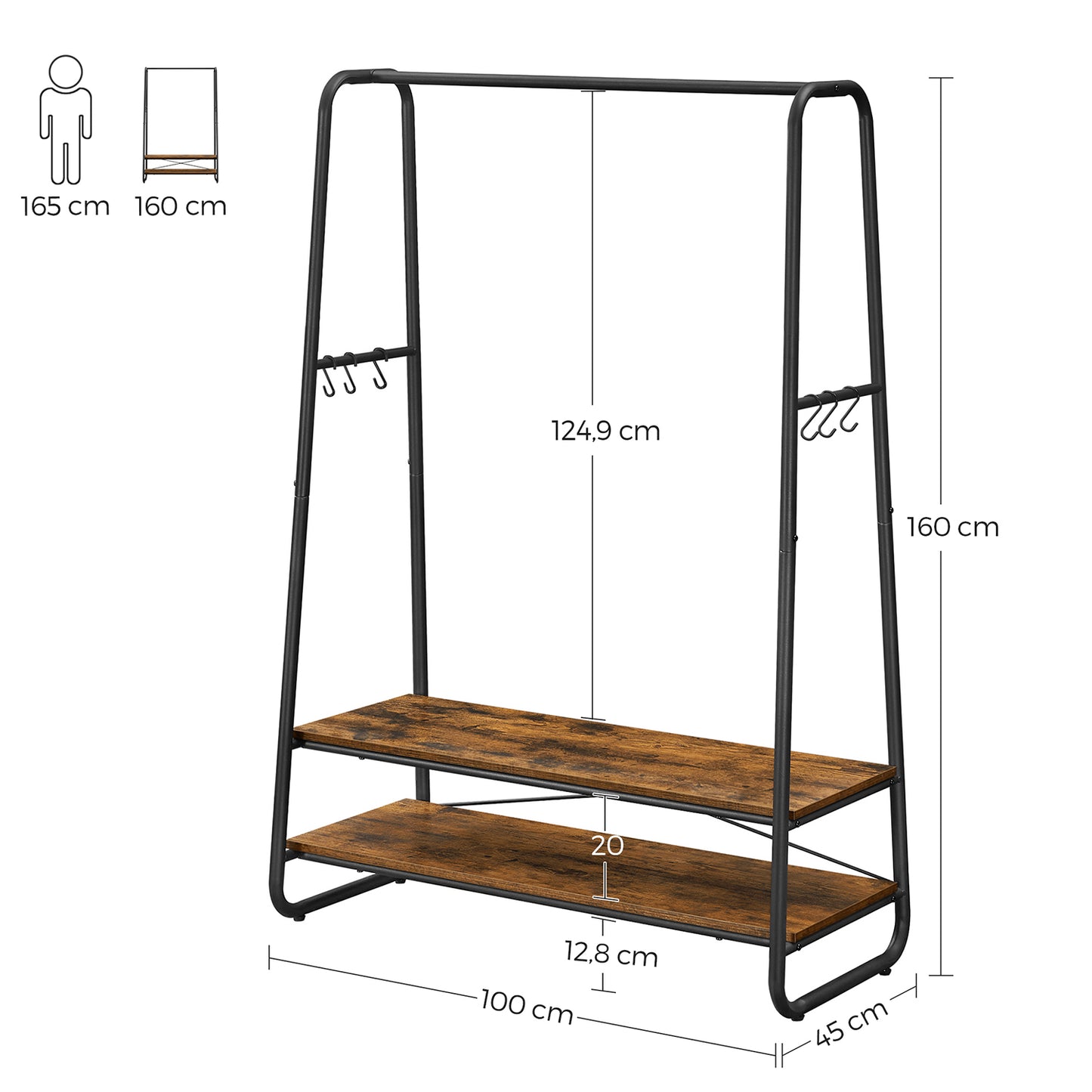 Premium Stahl Kleiderständer 130kg – Michael - Stehend mit 2 Holzablagen