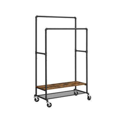 Double clothes rack 120kg – 2 wooden shelves with wheels