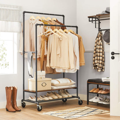 Double clothes rack 120kg – 2 wooden shelves with wheels