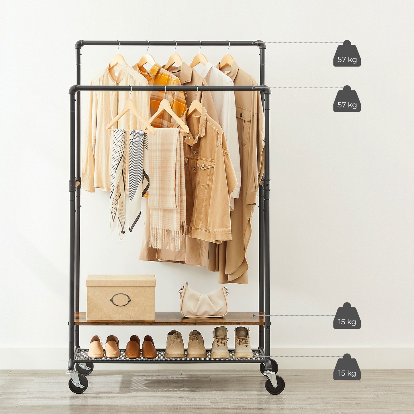 Double clothes rack 120kg – 2 wooden shelves with wheels