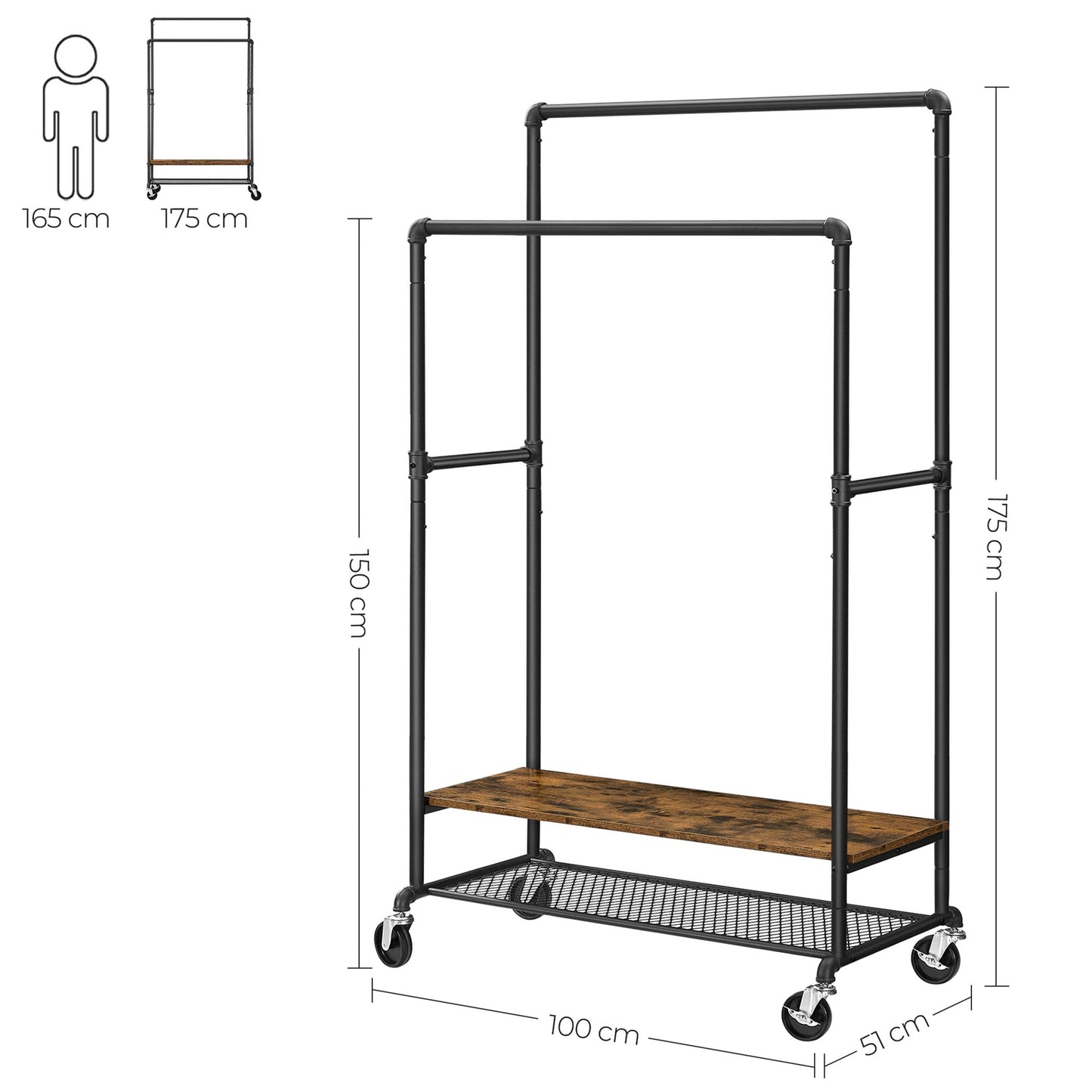 Dubbel kledingrek 120 kg – Tom - 2 houten planken met wielen