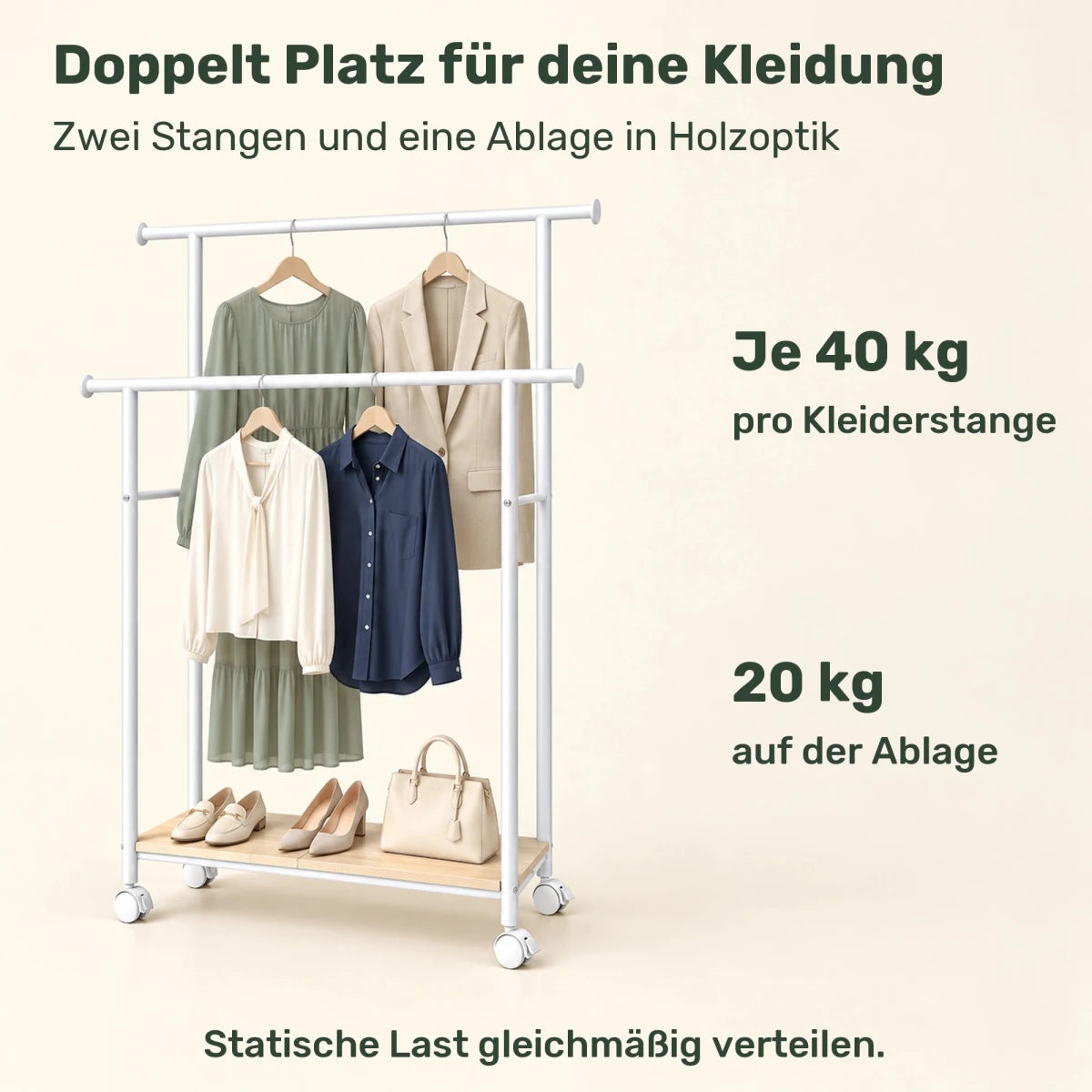 Doppel-Kleiderständer auf Rollen Elian – 100 kg, mit Ablage in Holzoptik - nestful