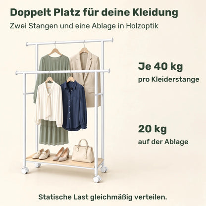 Doppel-Kleiderständer auf Rollen Elian – 100 kg, mit Ablage in Holzoptik - nestful