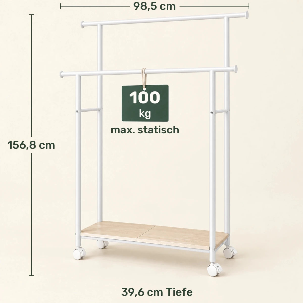 Doppel-Kleiderständer auf Rollen Elian – 100 kg, mit Ablage in Holzoptik - nestful