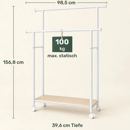 Doppel-Kleiderständer auf Rollen Elian – 100 kg, mit Ablage in Holzoptik - nestful