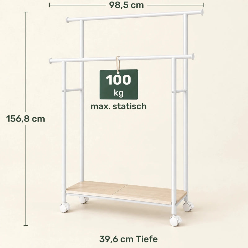 Doppel-Kleiderständer auf Rollen Elian – 100 kg, mit Ablage in Holzoptik - nestful