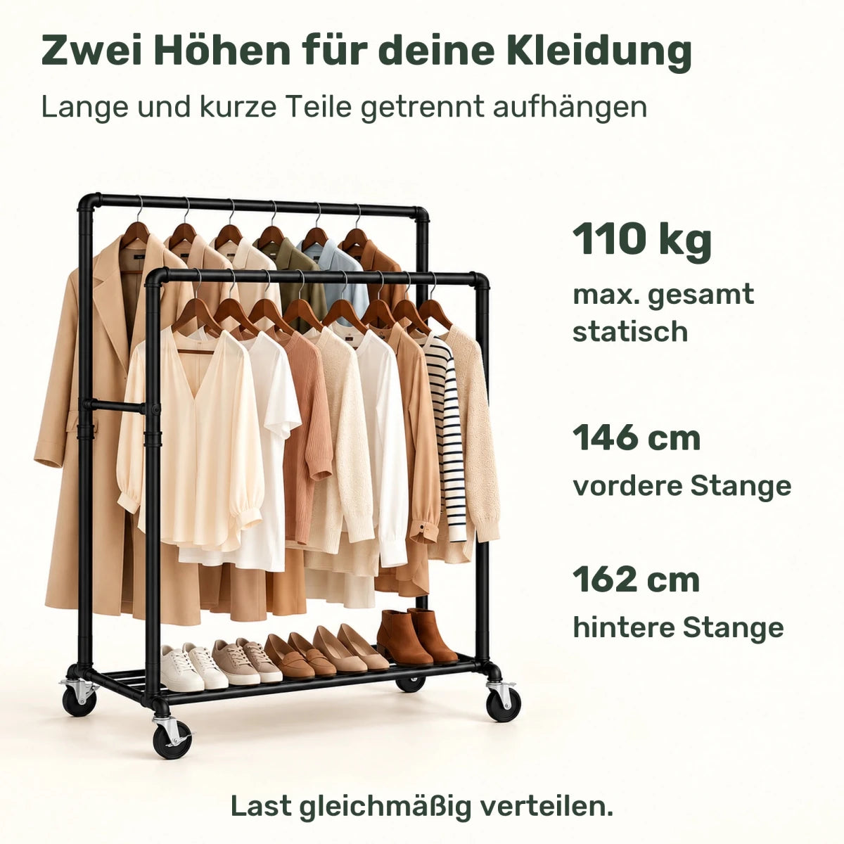 Doppel-Kleiderständer auf Rollen Kilian – 110 kg, mit Ablage im Industriestil - nestful
