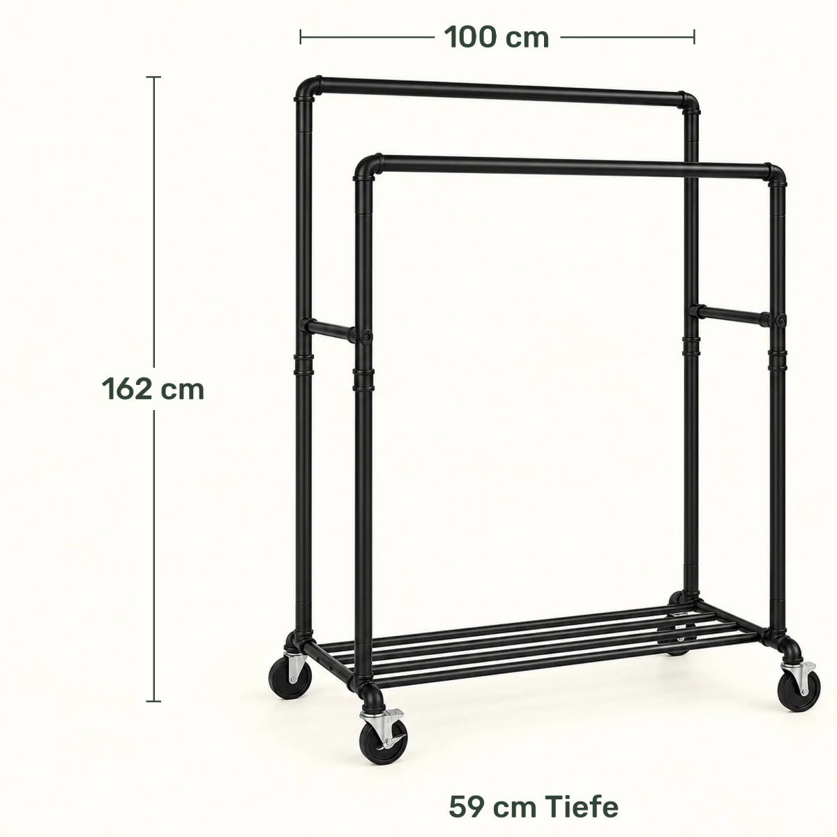 Doppel-Kleiderständer auf Rollen Kilian – 110 kg, mit Ablage im Industriestil - nestful