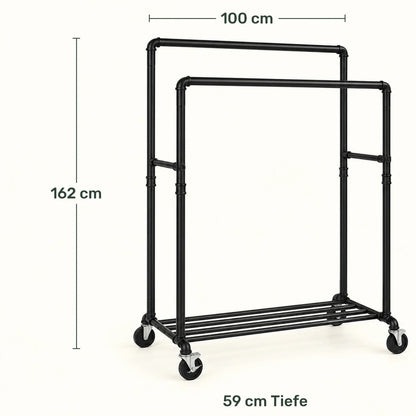 Doppel-Kleiderständer auf Rollen Kilian – 110 kg, mit Ablage im Industriestil - nestful