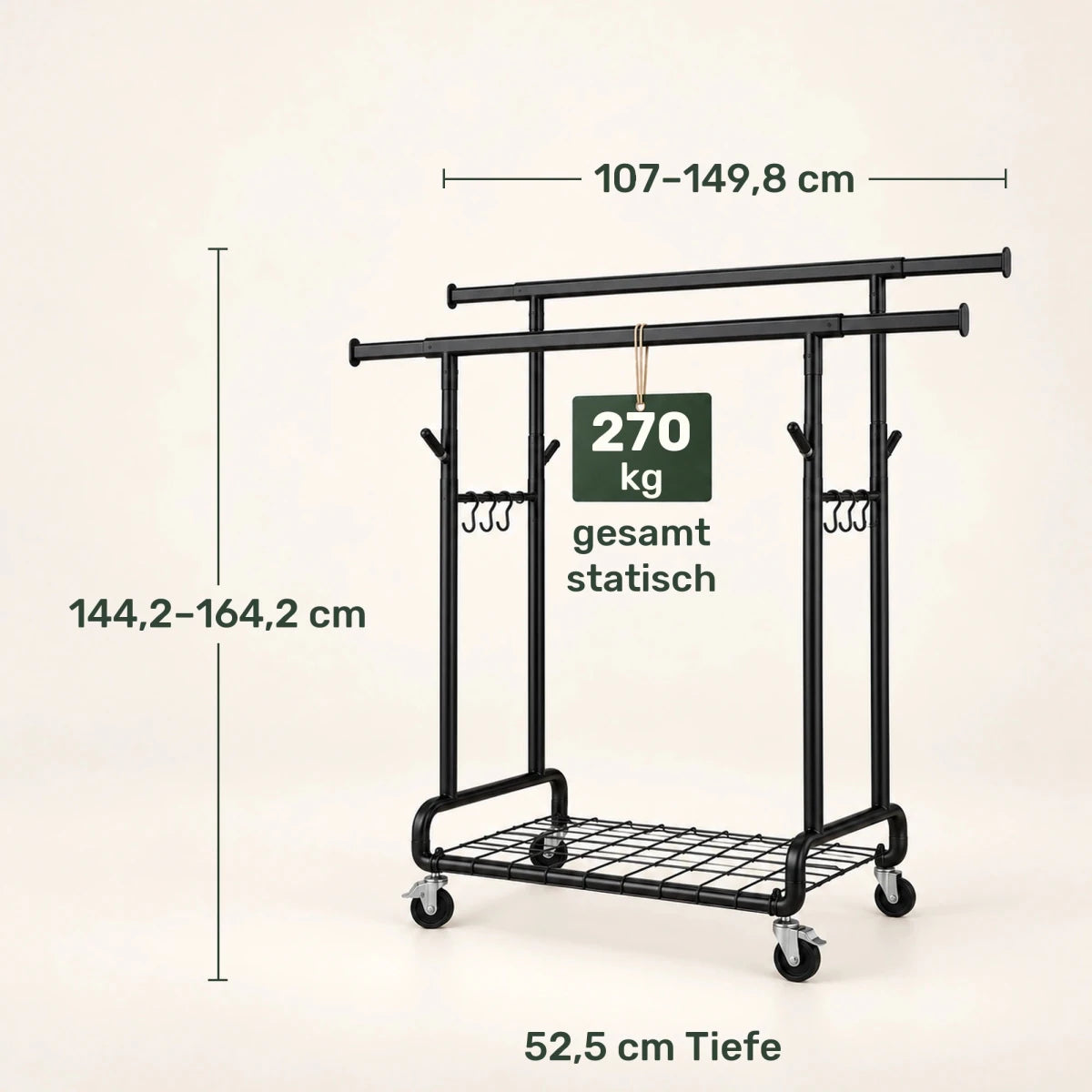Doppel-Kleiderständer auf Rollen Lena – 270 kg, ausziehbar mit Ablage - nestful