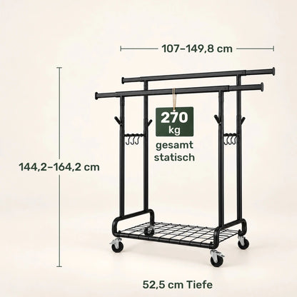 Doppel-Kleiderständer auf Rollen Lena – 270 kg, ausziehbar mit Ablage - nestful