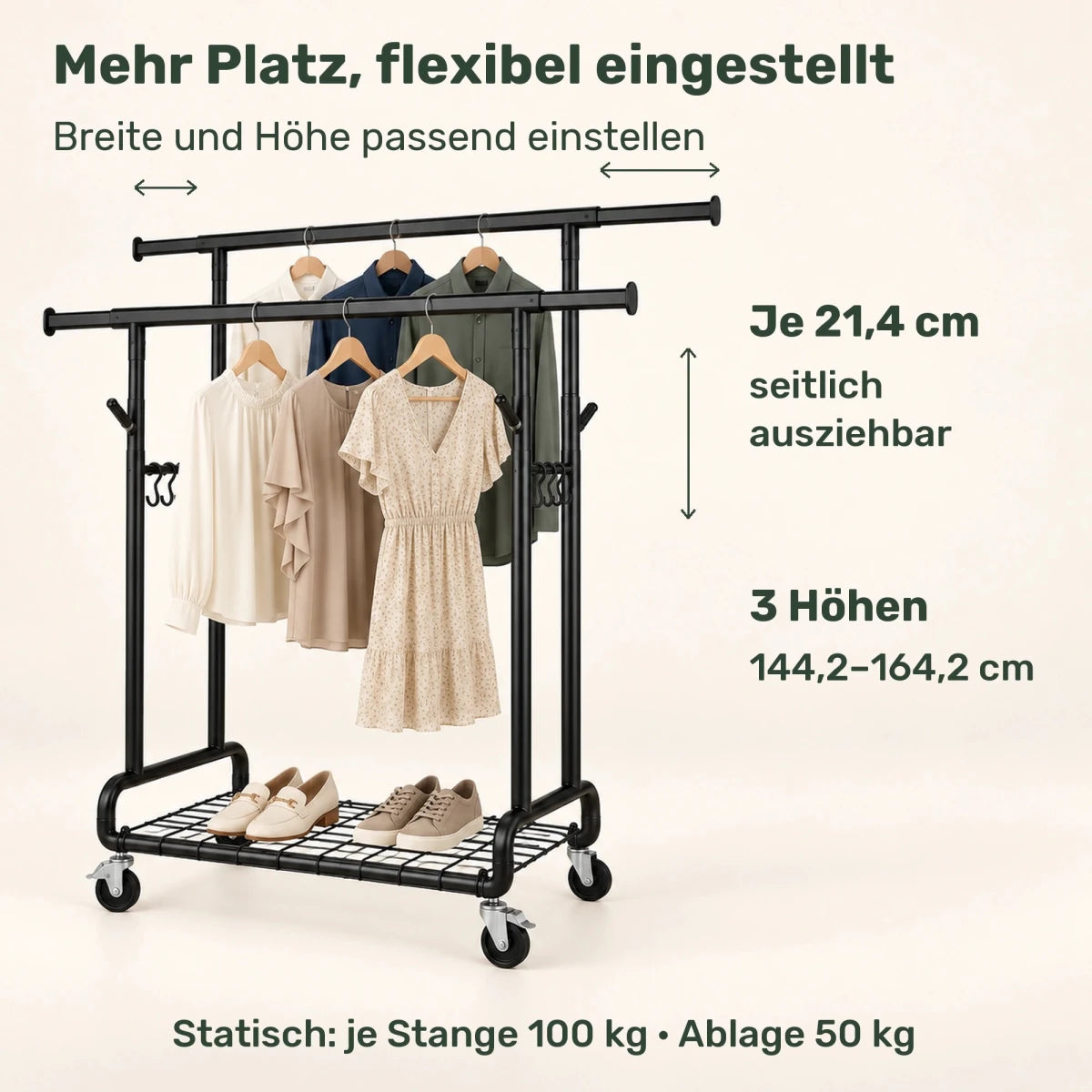 Doppel-Kleiderständer auf Rollen Lena – 270 kg, ausziehbar mit Ablage - nestful