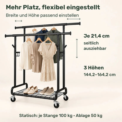 Doppel-Kleiderständer auf Rollen Lena – 270 kg, ausziehbar mit Ablage - nestful