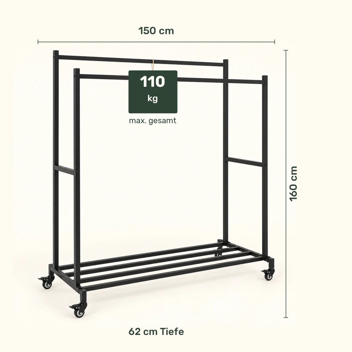 Doppel-Kleiderständer auf Rollen Lieska – 110 kg, mit Schuhablage - nestful