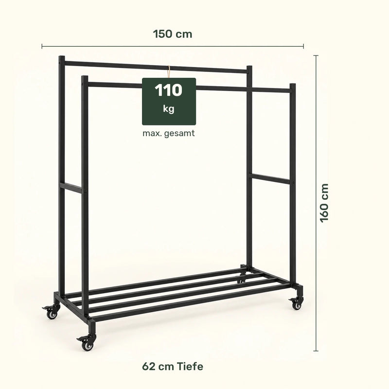Doppel-Kleiderständer auf Rollen Lieska – 110 kg, mit Schuhablage - nestful