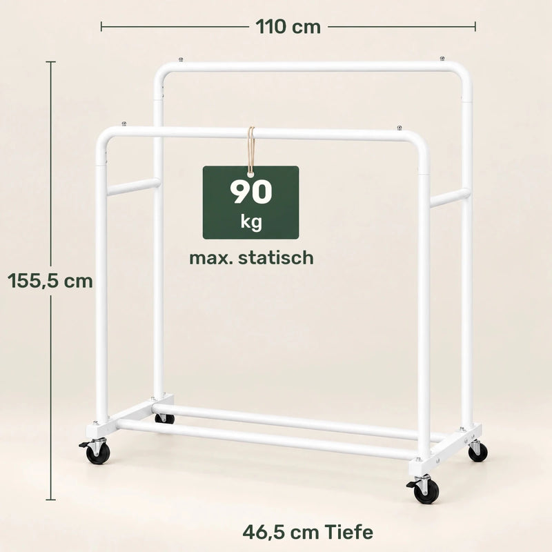 Doppel-Kleiderständer auf Rollen Lotta – 90 kg, mit Ablage - nestful