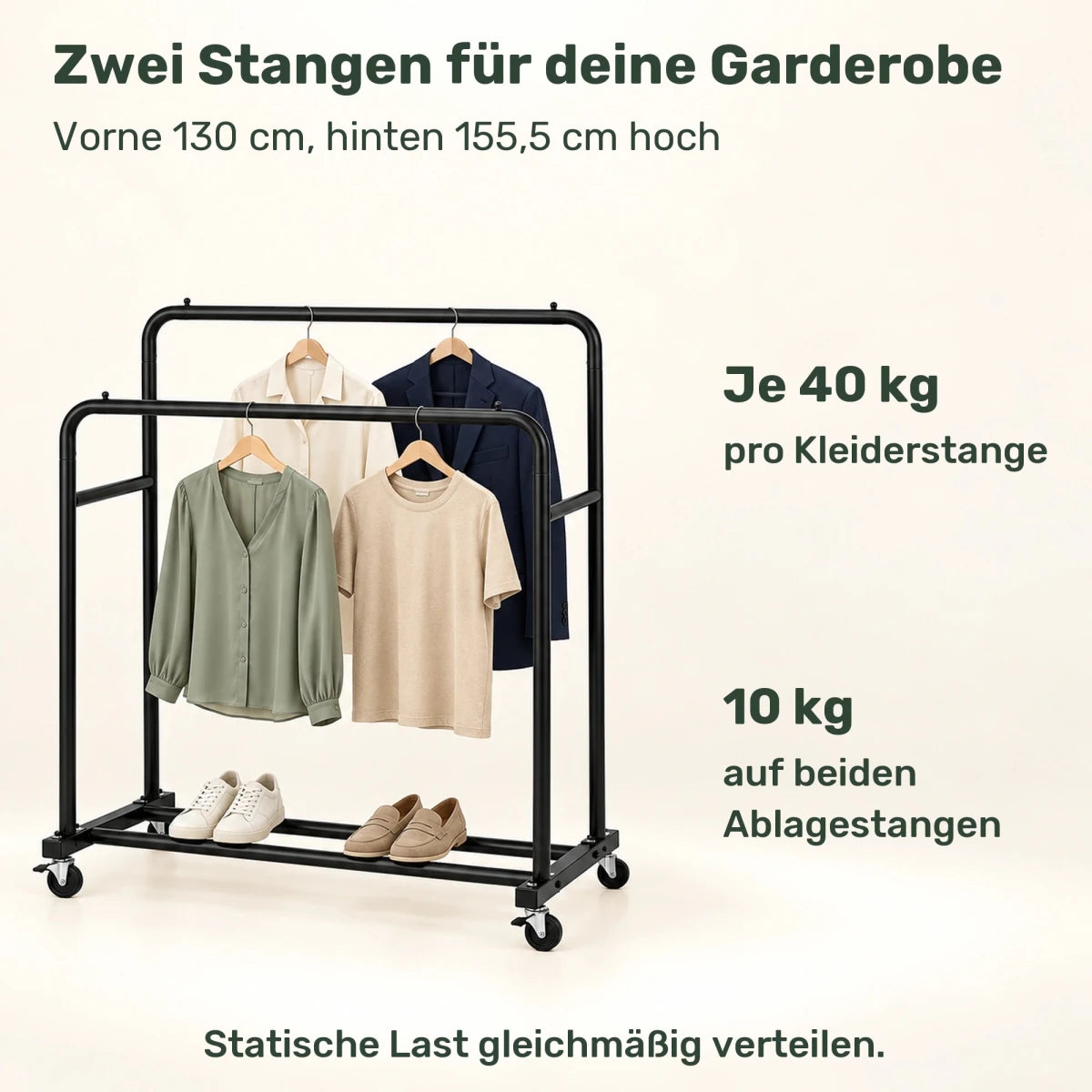 Doppel-Kleiderständer auf Rollen Lotta – 90 kg, mit Ablage - nestful