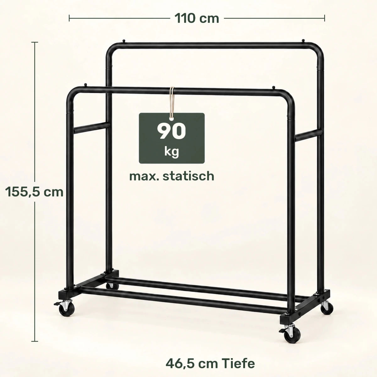 Doppel-Kleiderständer auf Rollen Lotta – 90 kg, mit Ablage - nestful