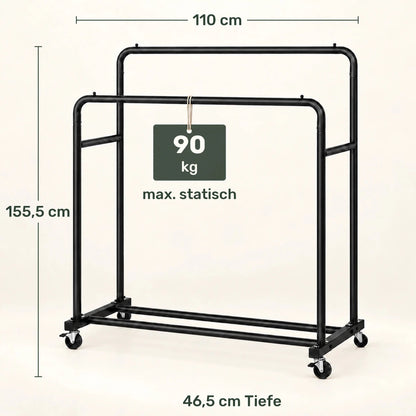 Doppel-Kleiderständer auf Rollen Lotta – 90 kg, mit Ablage - nestful