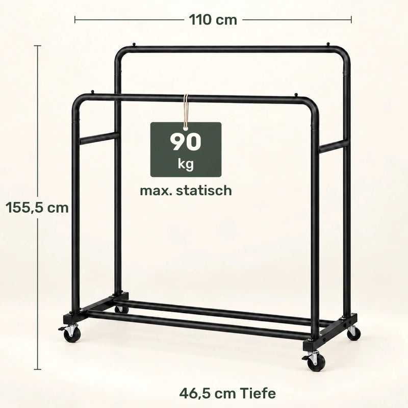 Doppel-Kleiderständer auf Rollen Lotta – 90 kg, mit Ablage - nestful