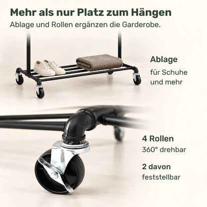 Doppel-Kleiderständer auf Rollen Noah – 110 kg, mit Ablage - nestful