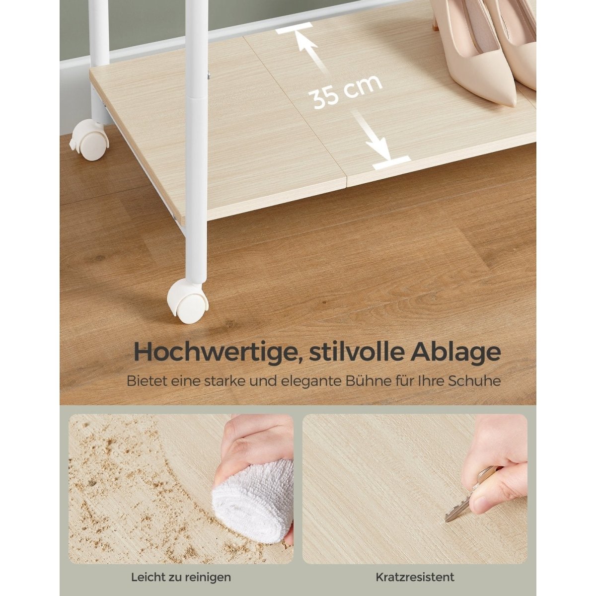 Doppel-Kleiderständer – Elian – mit Rollen und Holzablage - nestful