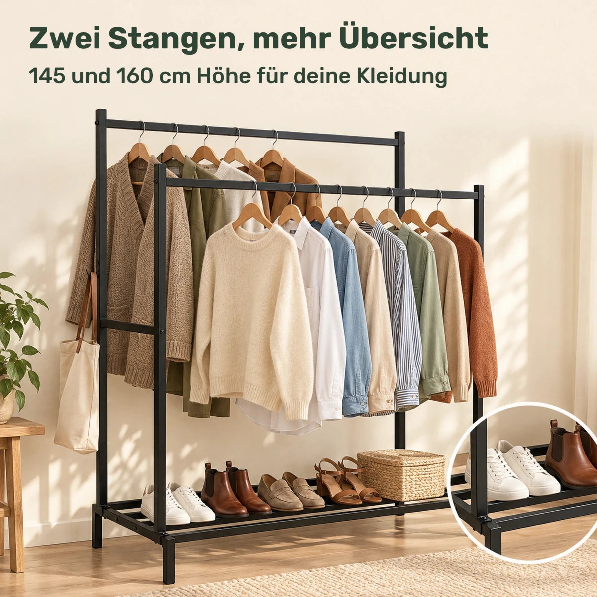 Doppel-Kleiderständer mit Schuhablage Karita – 110 kg - nestful