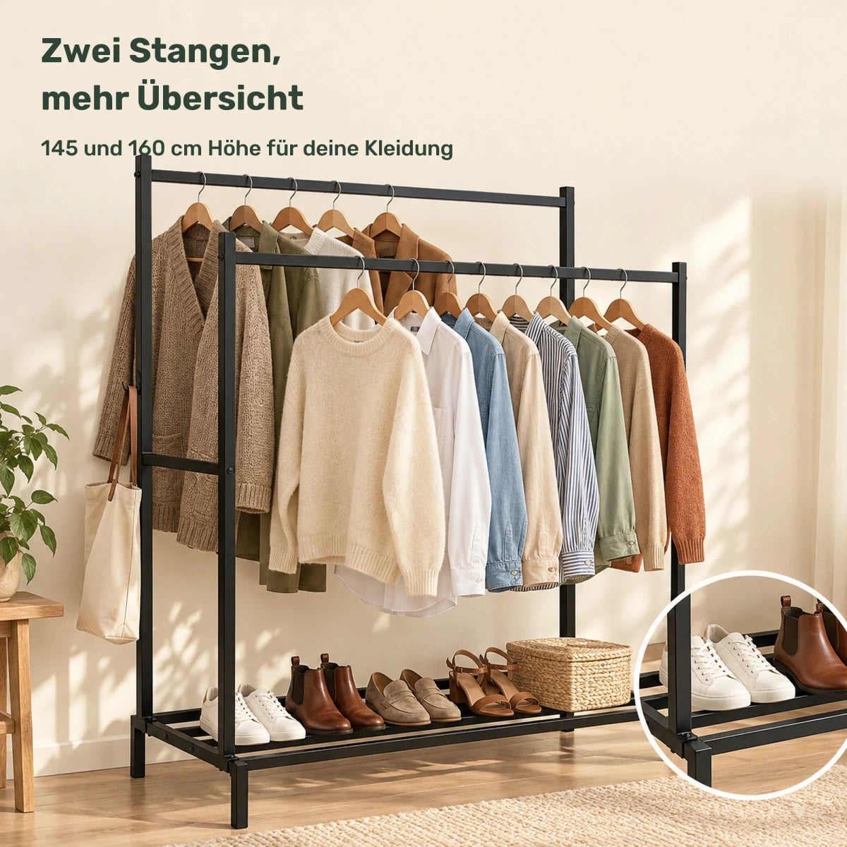 Doppel-Kleiderständer mit Schuhablage Karita – 110 kg - nestful