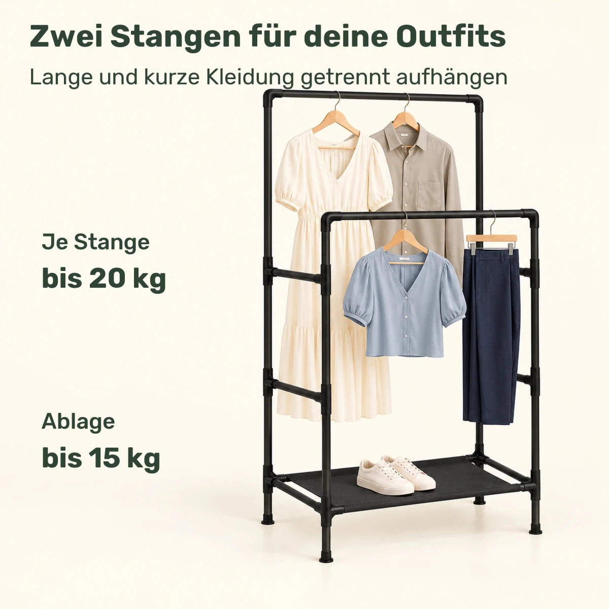 Doppel-Kleiderständer mit Schuhablage Lucas – 55 kg - nestful