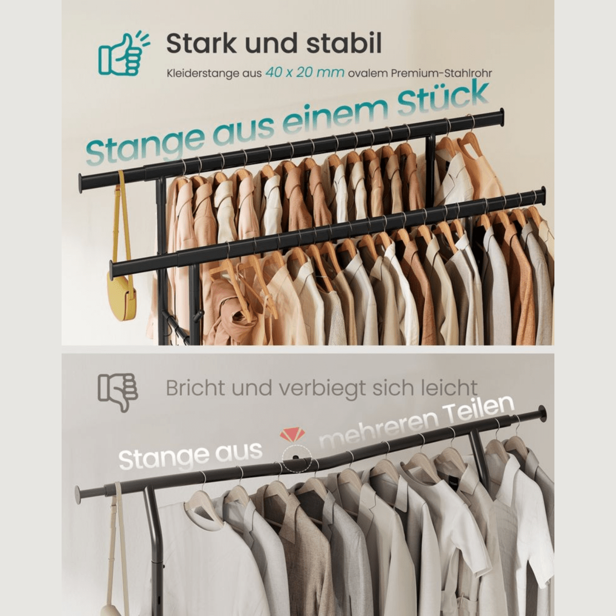 Doppel - Kleiderständer 270kg – Lena - Ausziehbar mit Rollen & Ablage - nestful