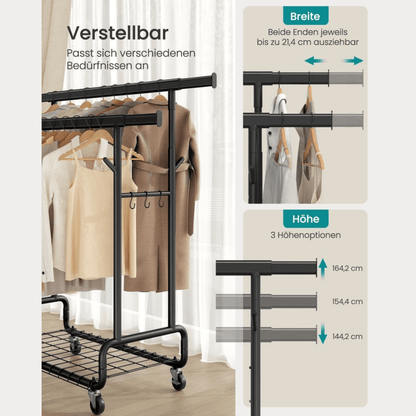 Doppel - Kleiderständer 270kg – Lena - Ausziehbar mit Rollen & Ablage - nestful