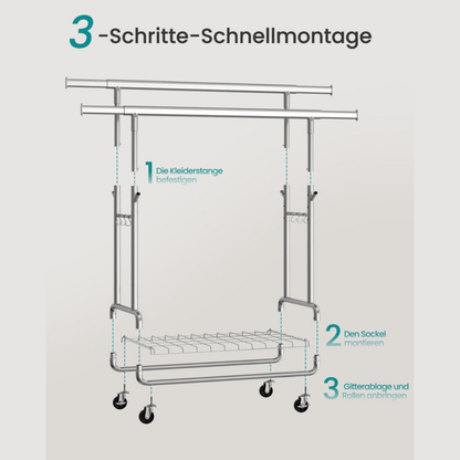 Doppel - Kleiderständer 270kg – Lena - Ausziehbar mit Rollen & Ablage - nestful