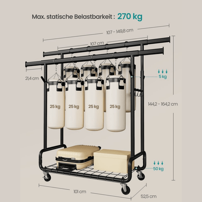 Doppel - Kleiderständer 270kg – Lena - Ausziehbar mit Rollen & Ablage - nestful